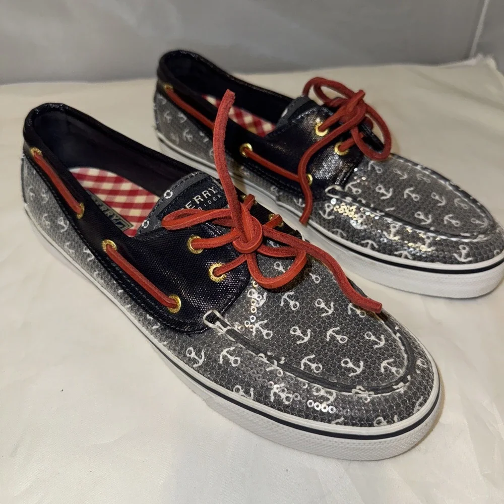 Sz 10M Sperry Top-Sider Leather Boat Shoes 9688771 Navy Clear Sequin EUC